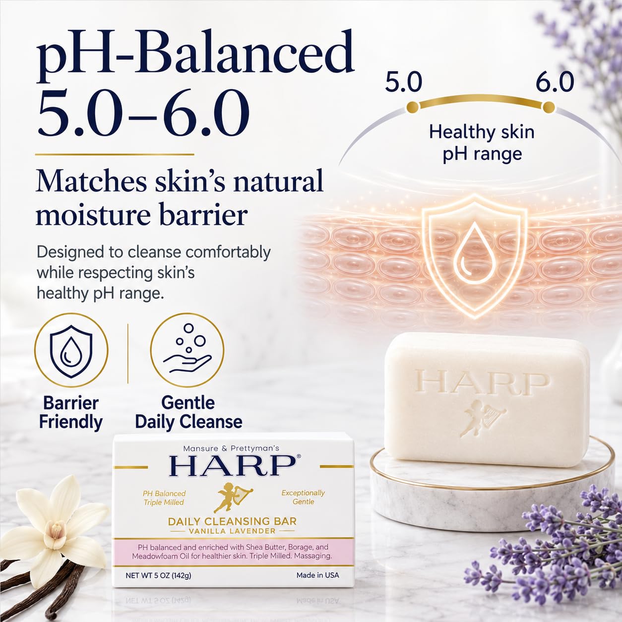 Mansure & Prettyman's HARP close-up texture and rich lather for gentle cleansing