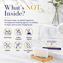 Mansure & Prettyman's HARP label closeup revealing pH-balanced, soap-free benefits