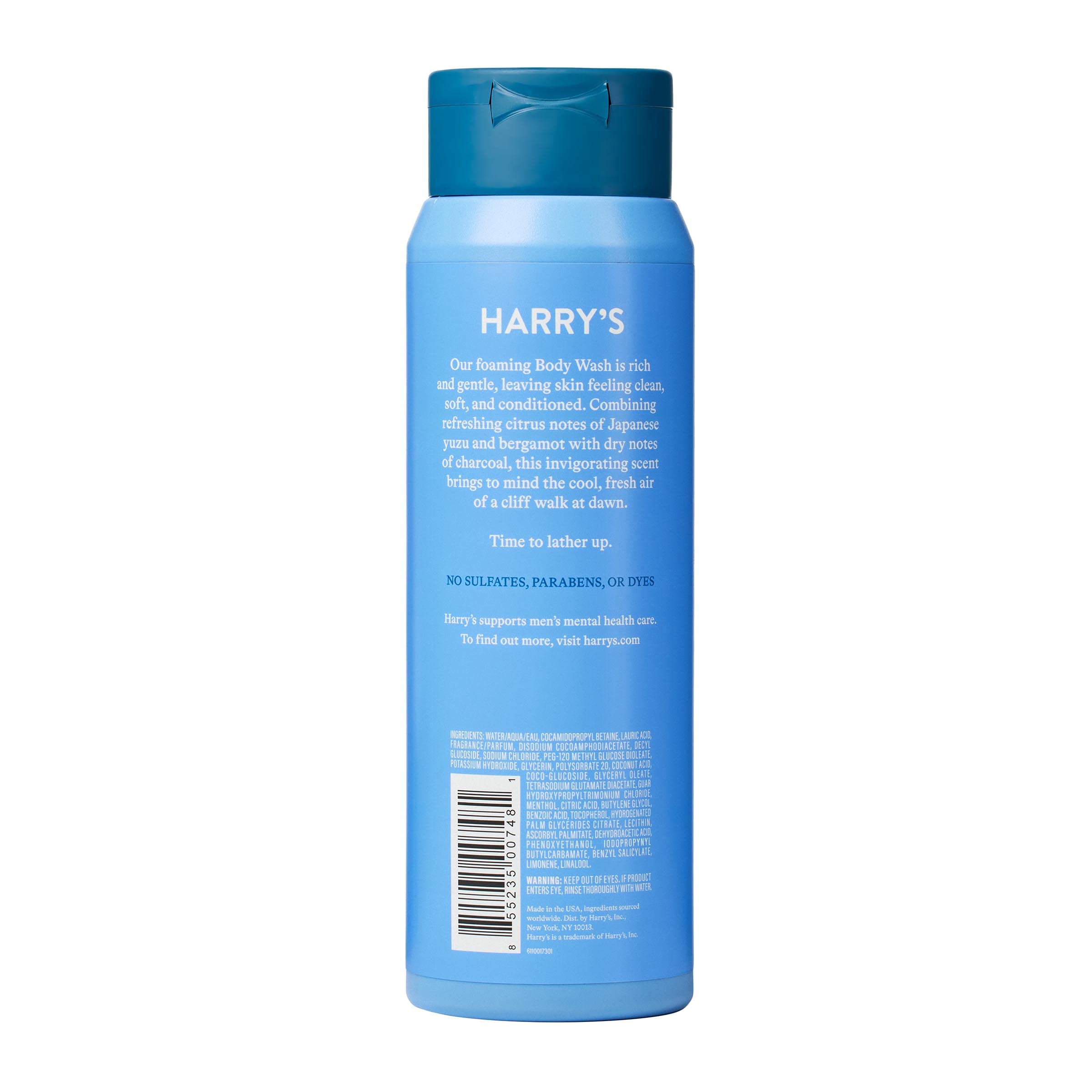 Harry's bottle label close-up highlighting scent name and gentle formula benefits
