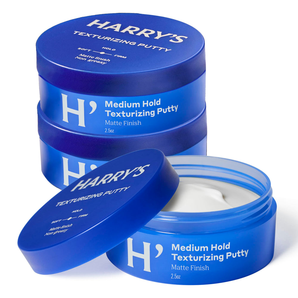 Harry's putty front packaging showing three jars and product benefit