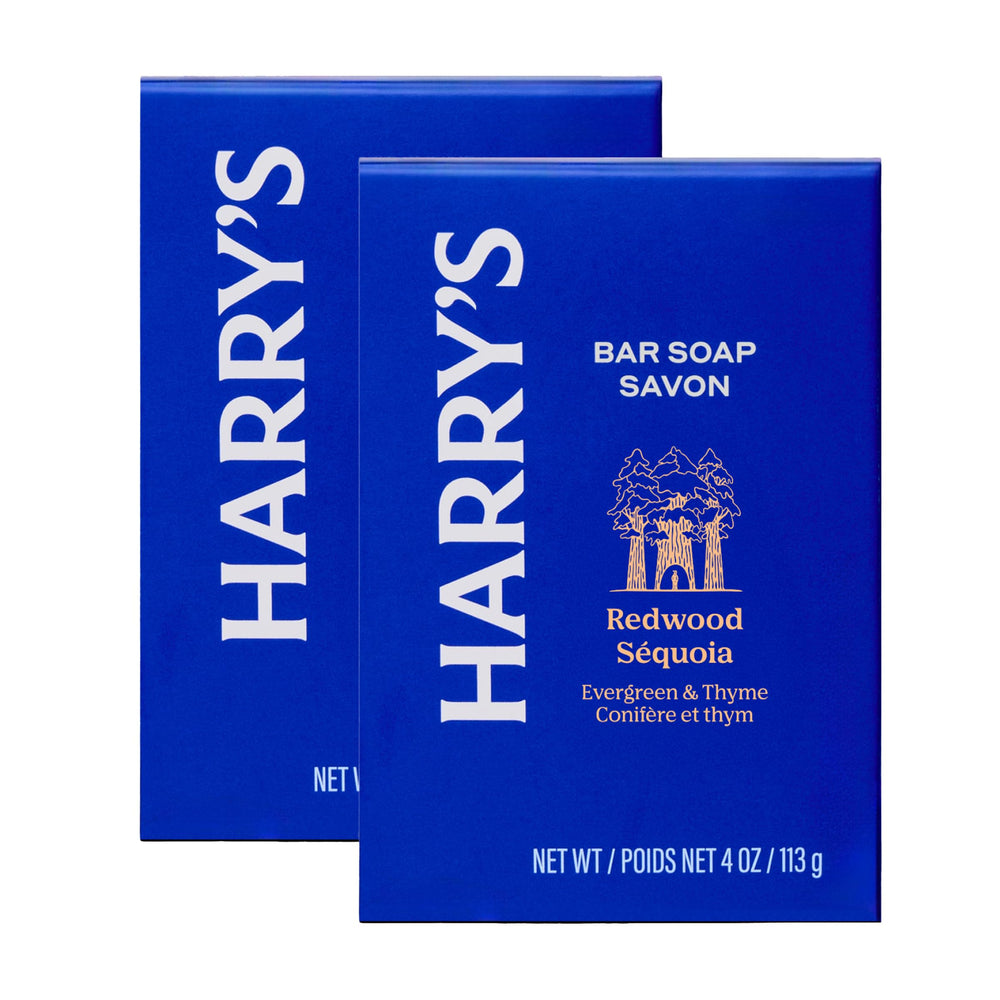 Harry's front packaging of Redwood bar soap showing brand and two-bar value