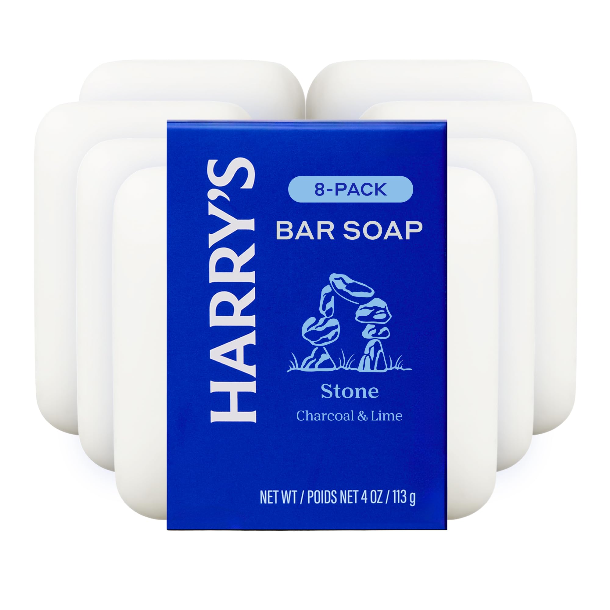 Harry's front packaging showing Stone bar and 8-pack benefit