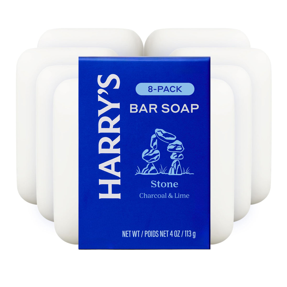 Harry's front packaging showing Stone bar and 8-pack benefit