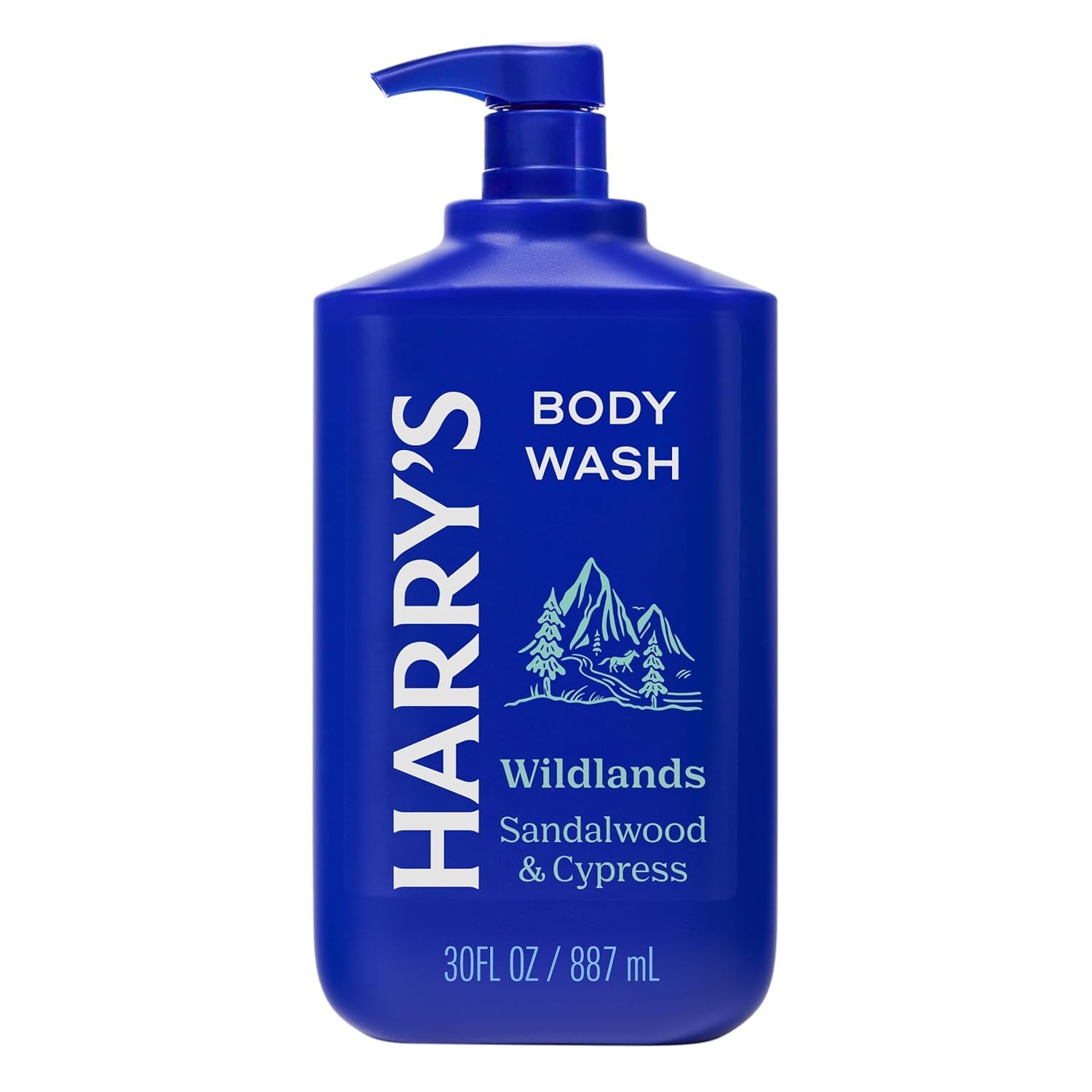 Harry's front bottle view showing Wildlands label and pump for easy dispensing