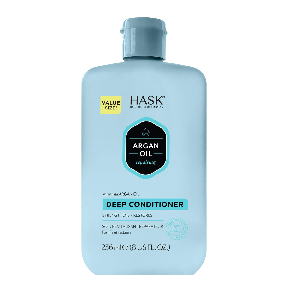 HASK front packaging showing 8 fl oz repairing deep conditioner, emphasizes hydration
