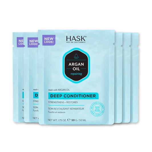 HASK front packaging showing argan oil repairing conditioner and benefits