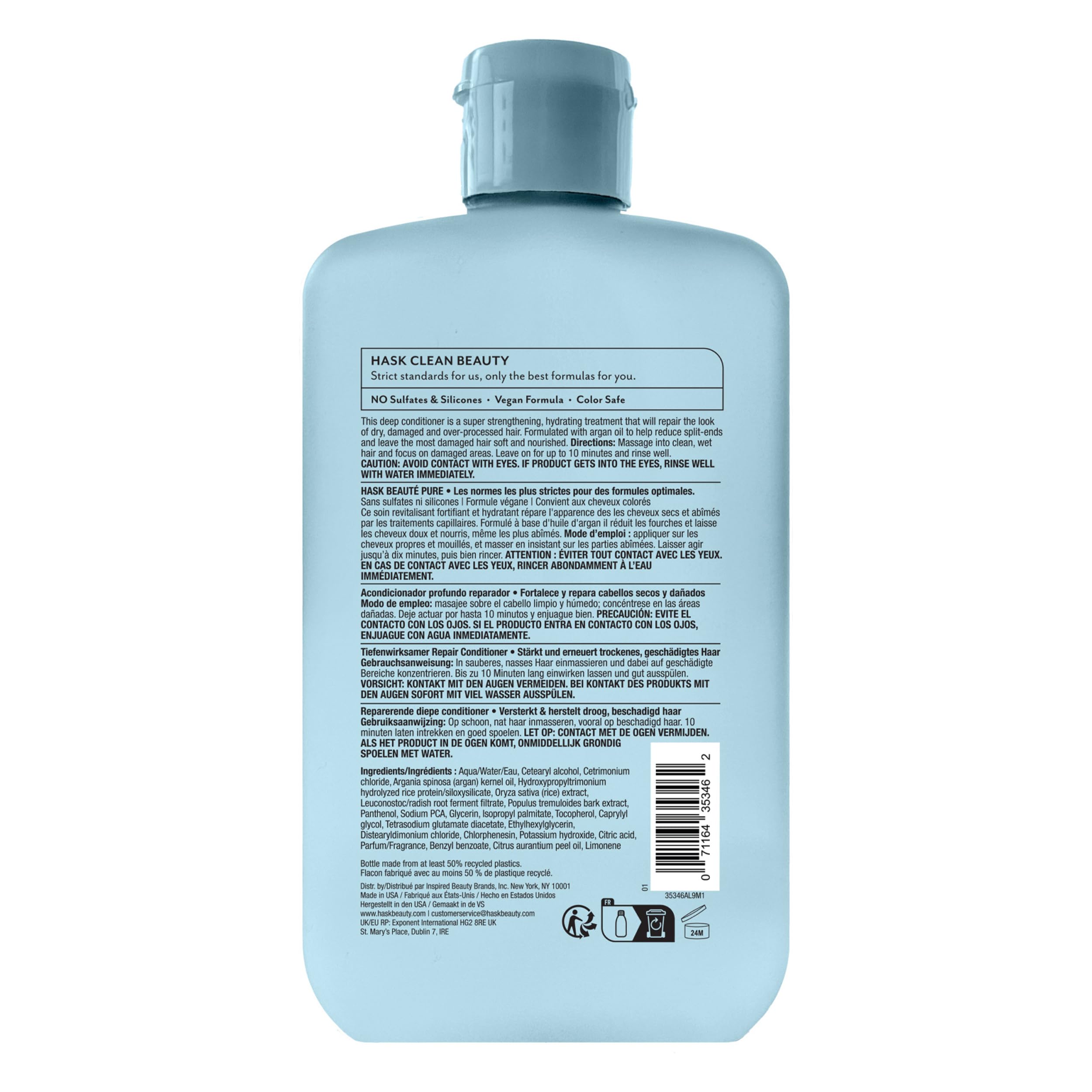 HASK label close-up highlighting argan oil and free-of ingredient benefits