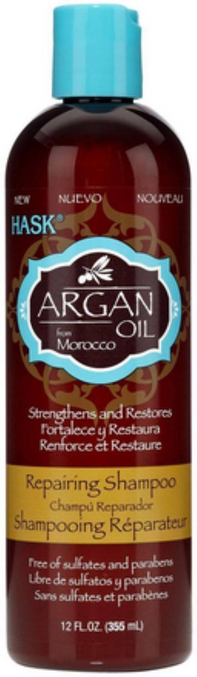 HASK argan oil repairing shampoo front label showing nourishing benefits