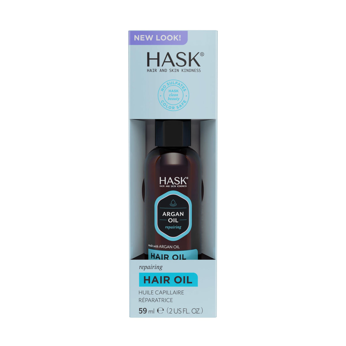 HASK front packaging showing 2 oz bottle and pump for convenient dispensing and travel