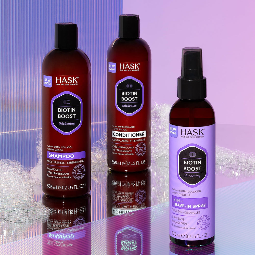 HASK bottle styled on bathroom shelf showing lifestyle storage and daily-use convenience