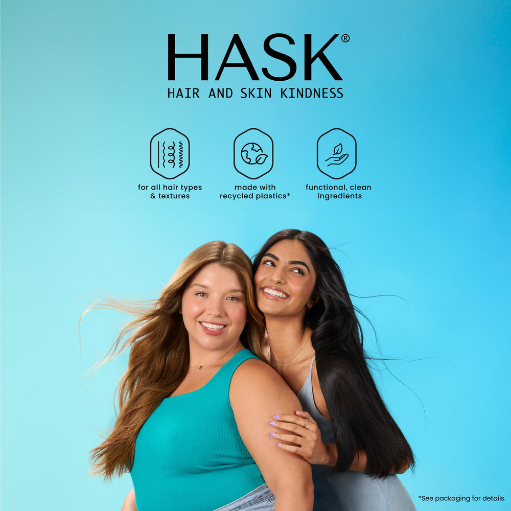 HASK bottle on bathroom shelf with styling tools showing routine-ready volumizing benefit