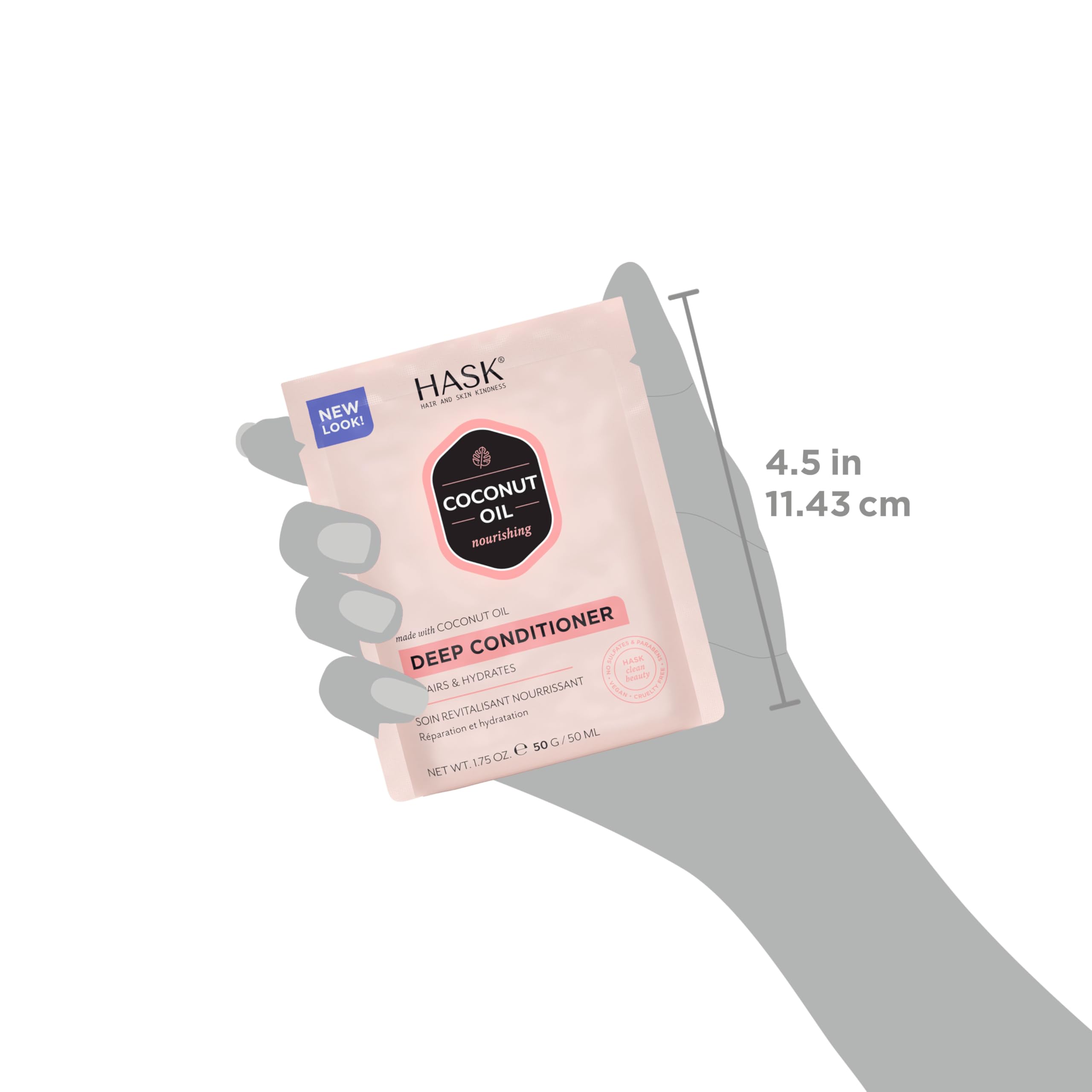 HASK conditioner next to a ruler to indicate pouch size and portion
