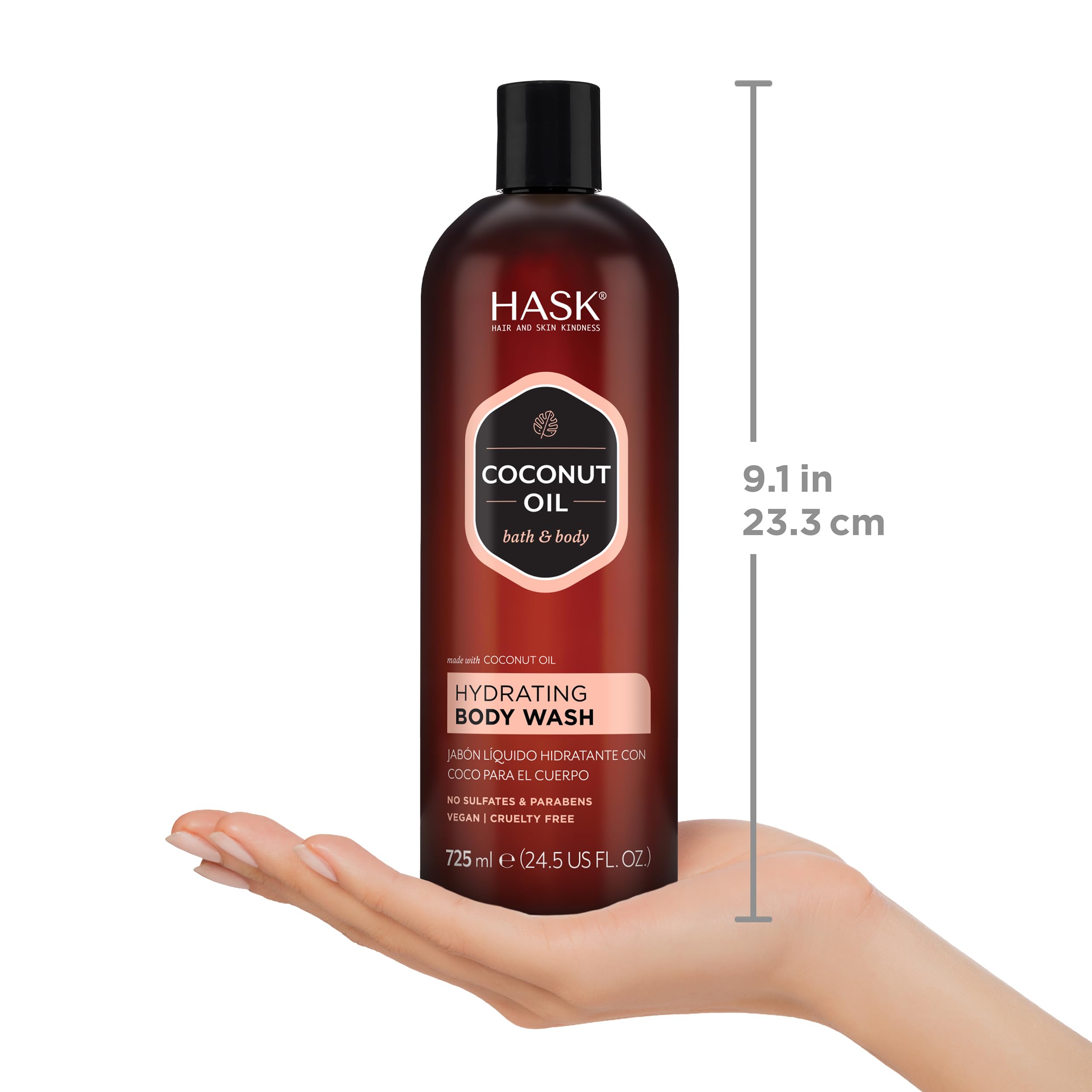 HASK bottle label detail showing ingredients and clean, vegan benefits