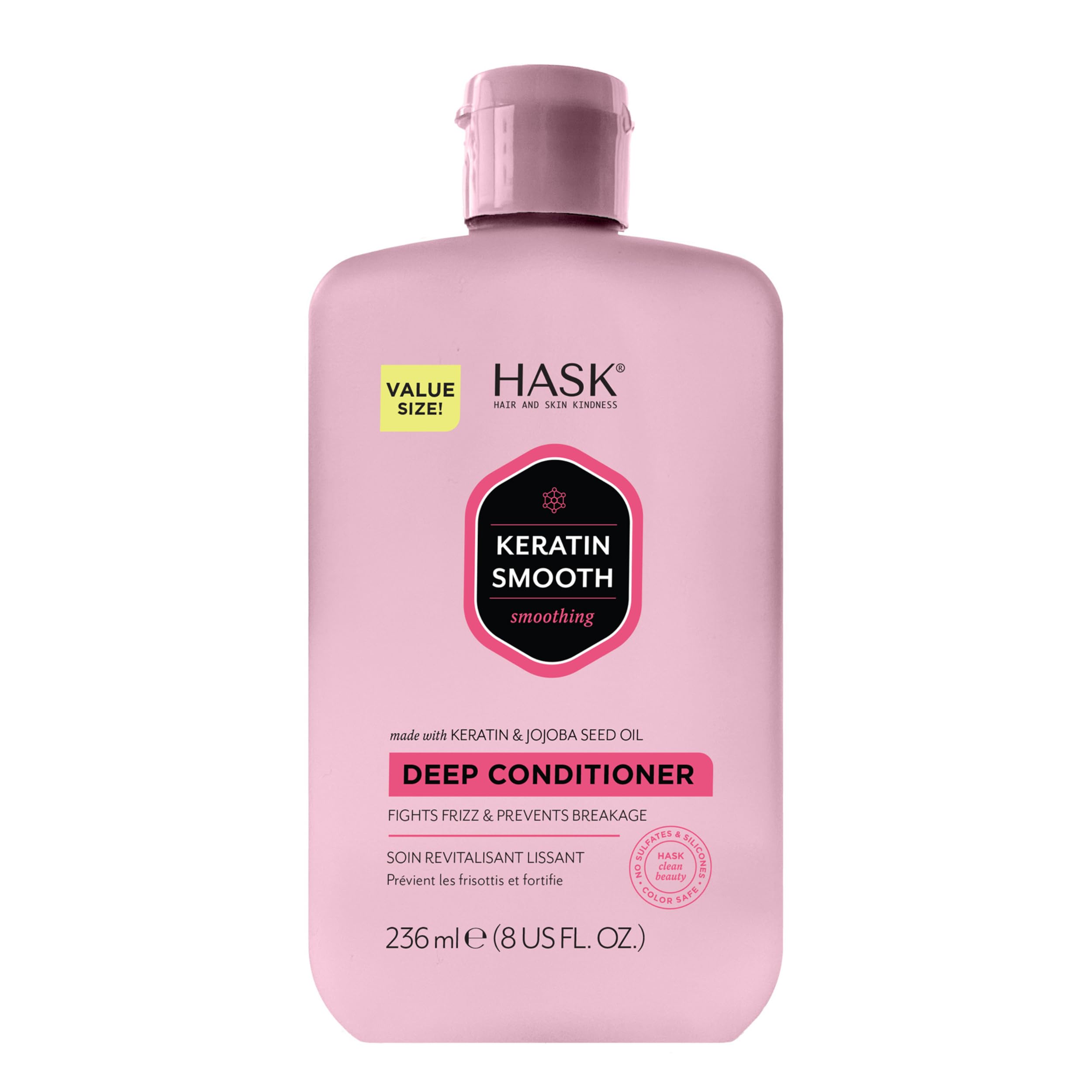 HASK front bottle view showing label and 8 fl oz size, highlights smoothing benefits