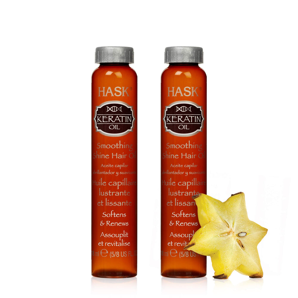 HASK keratin oil front packaging showing two vials for easy travel and shine