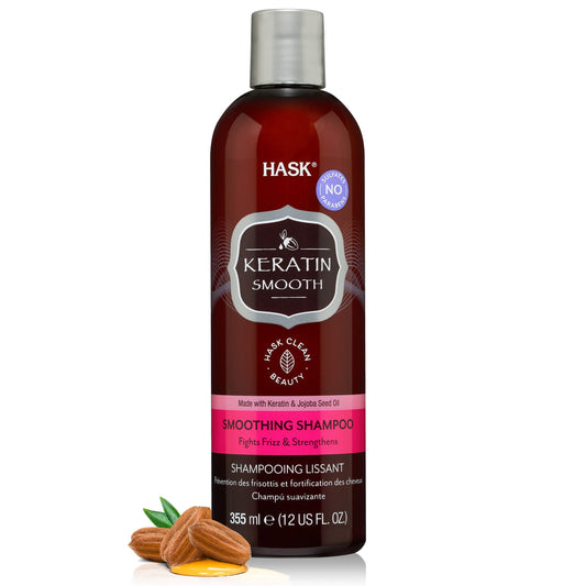 HASK front bottle showing product name and net weight benefits shiny hair