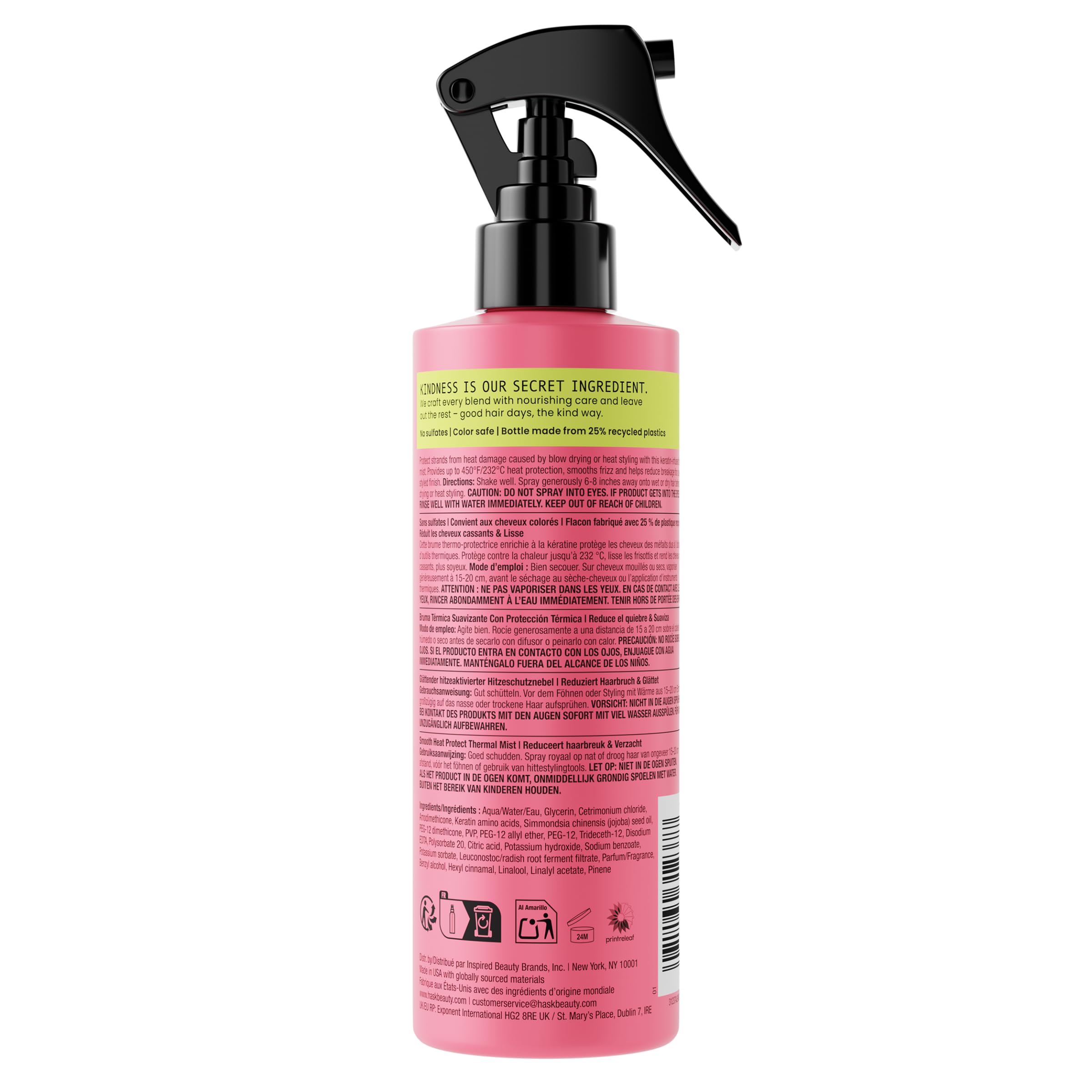 HASK label close-up listing clean-beauty claims and heat-protection info