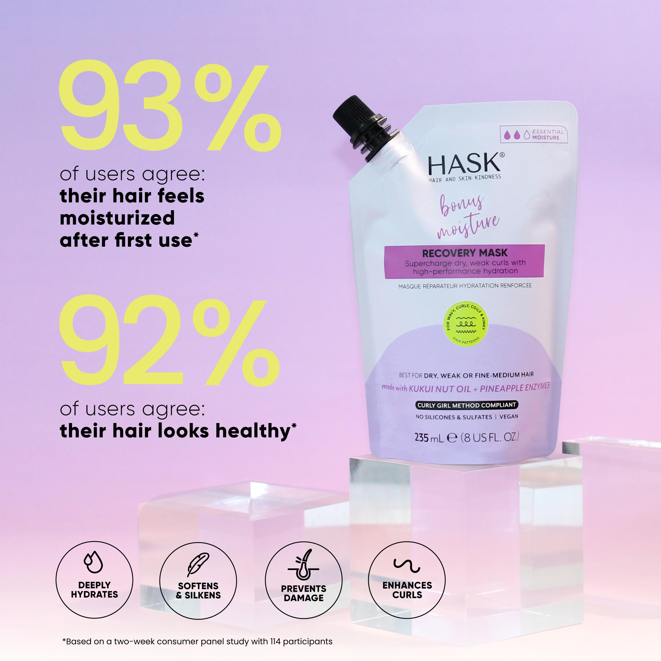 HASK mask applied to curly hair demonstrating improved detangling