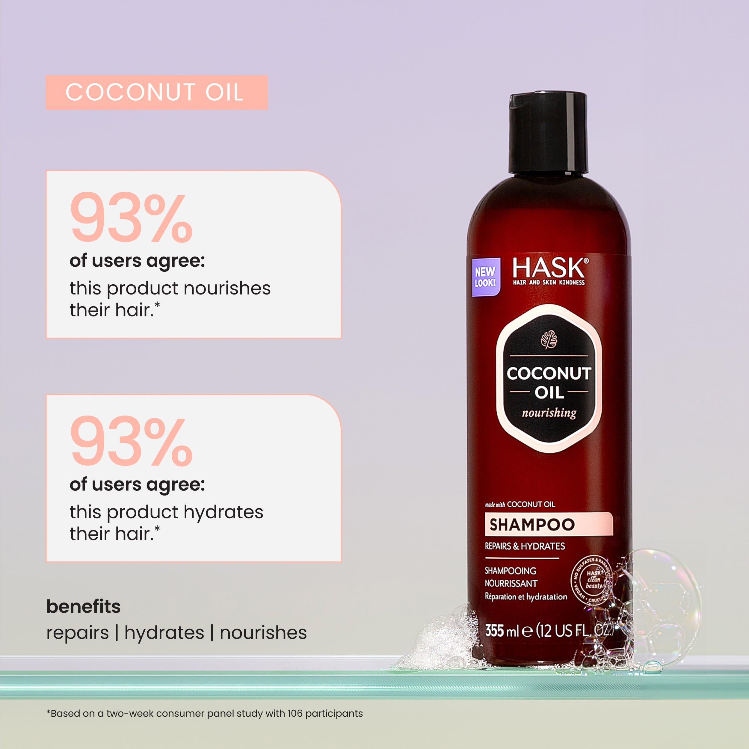 HASK Monoi coconut oil shampoo in a bathroom scene offering a tropical self-care vibe