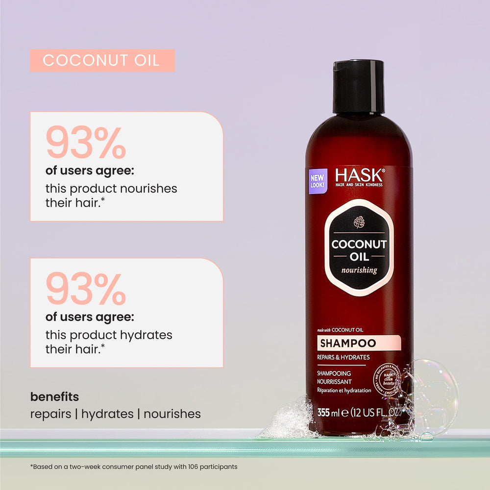 HASK Monoi coconut oil shampoo in a bathroom scene offering a tropical self-care vibe
