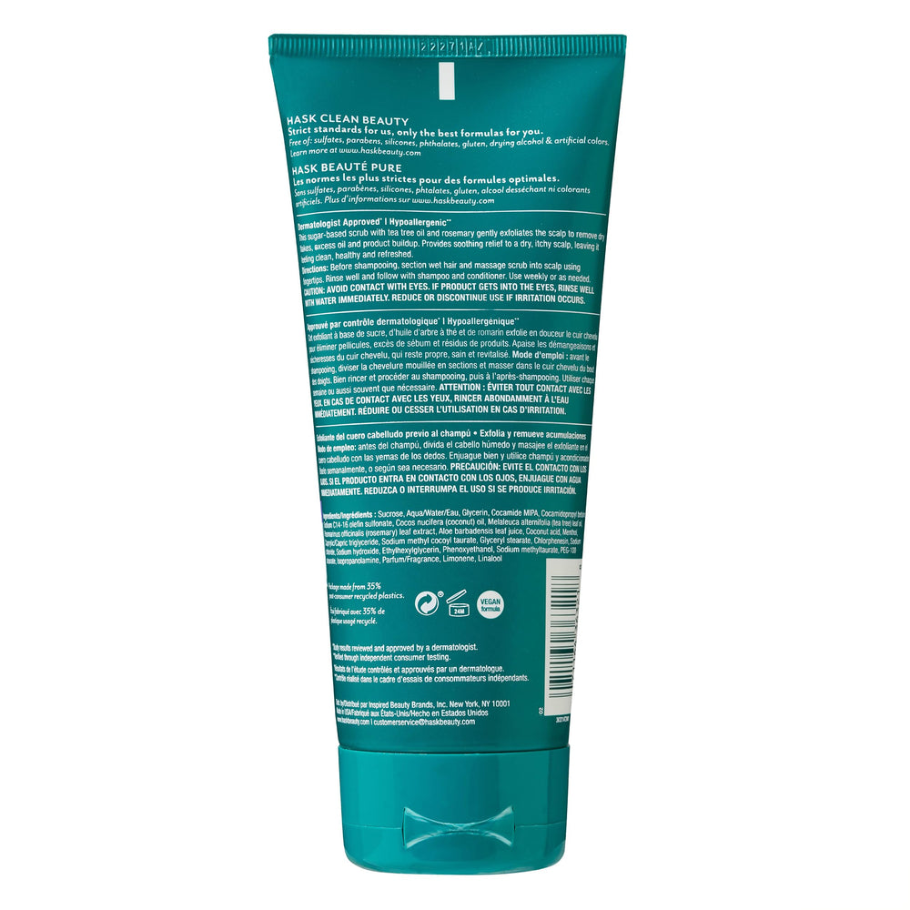 HASK pre-shampoo scrub in hand applied to wet scalp demonstrating easy massage application