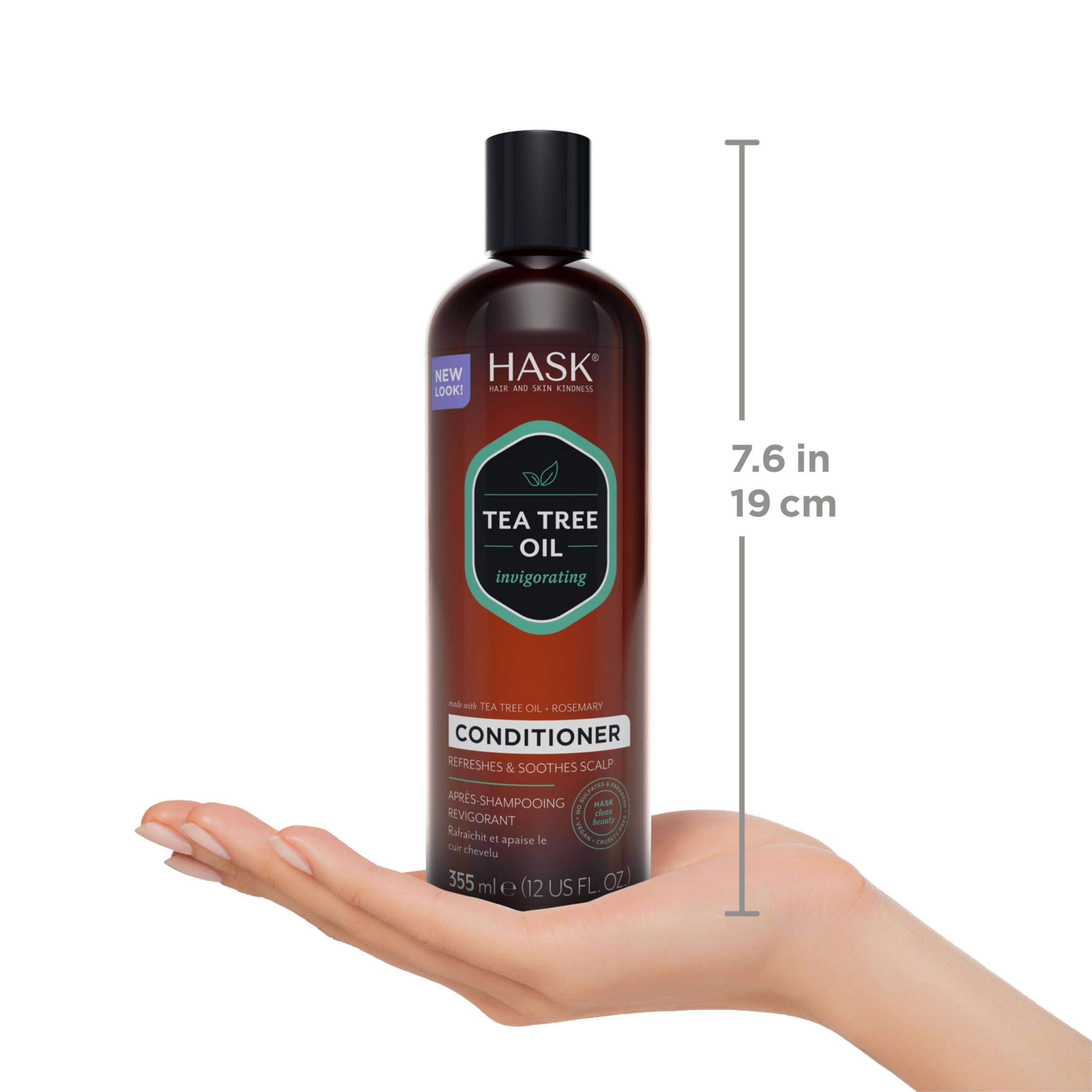 HASK 12 fl oz bottle next to common items showing actual size