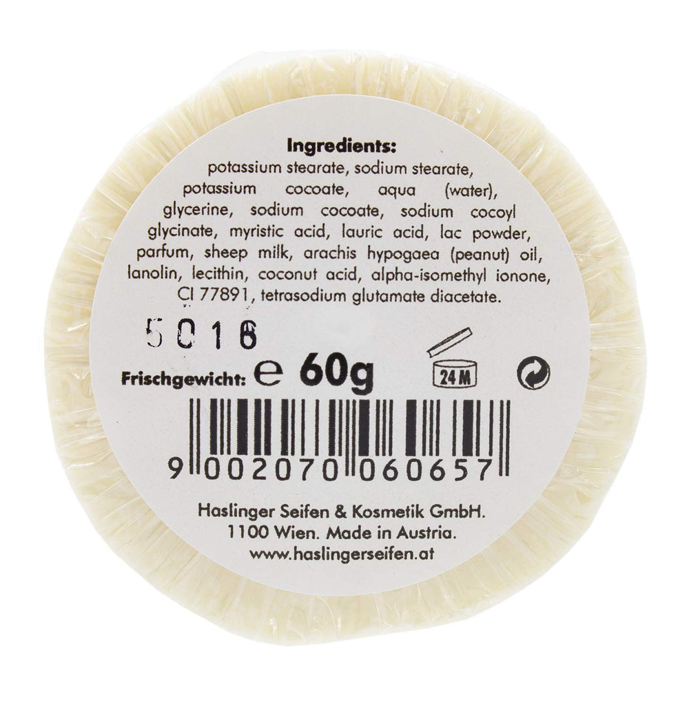 Haslinger sheep milk soap dense lather texture for smooth shave