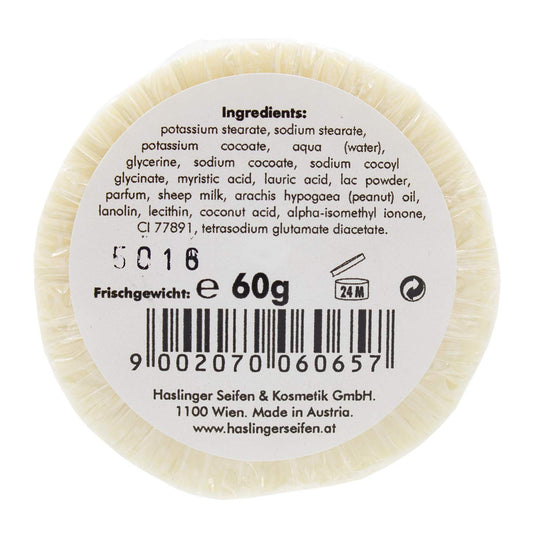 Haslinger sheep milk soap dense lather texture for smooth shave