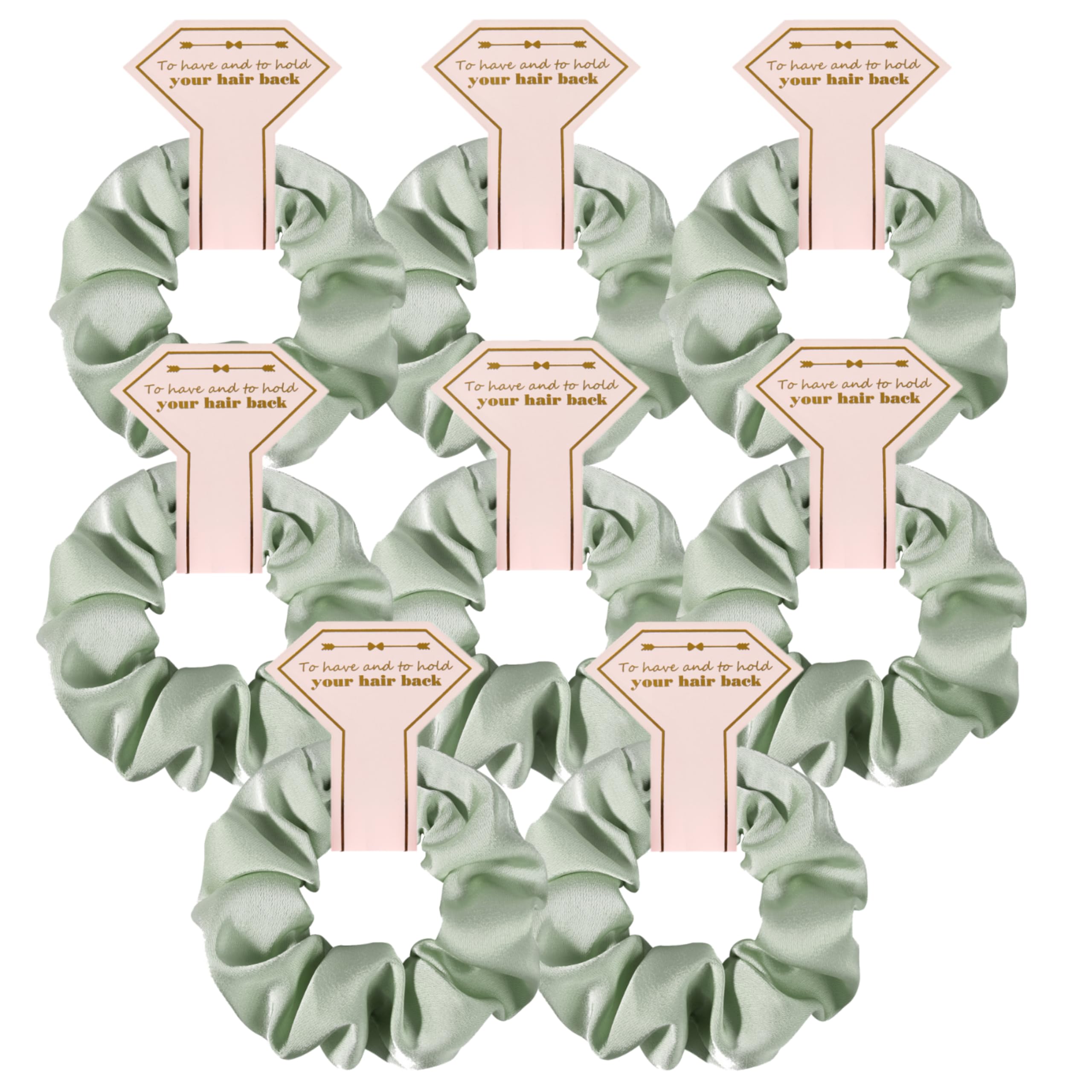 Hasoar front view of eight linen sage scrunchies, elegant gift presentation