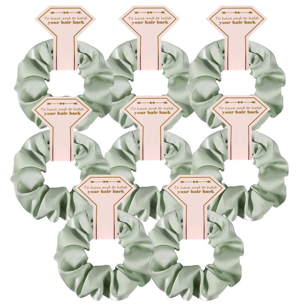 Hasoar front view of eight linen sage scrunchies, elegant gift presentation