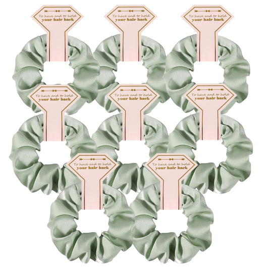 Hasoar front view of eight linen sage scrunchies, elegant gift presentation