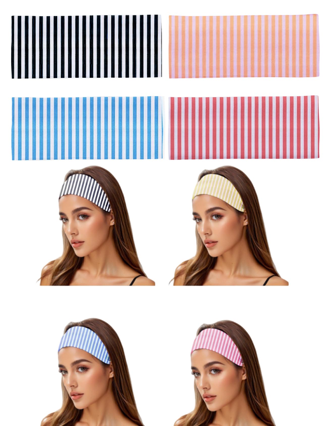 Haujemea front view of four-pack headbands showing colors and stripes for outfit matching