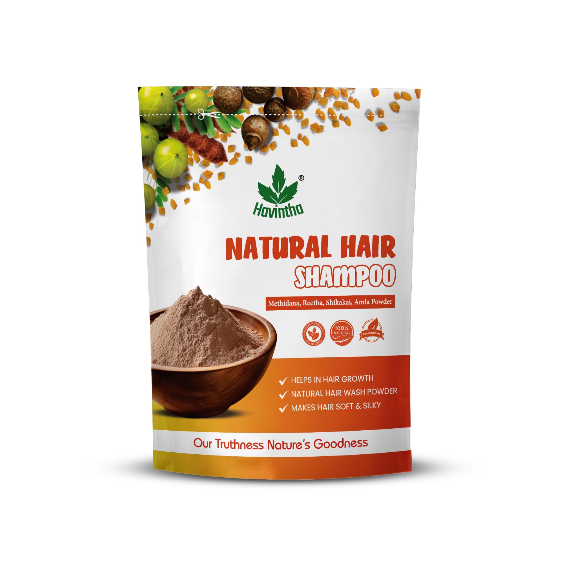 Havintha front packaging showing 227g herbal powdered shampoo benefits