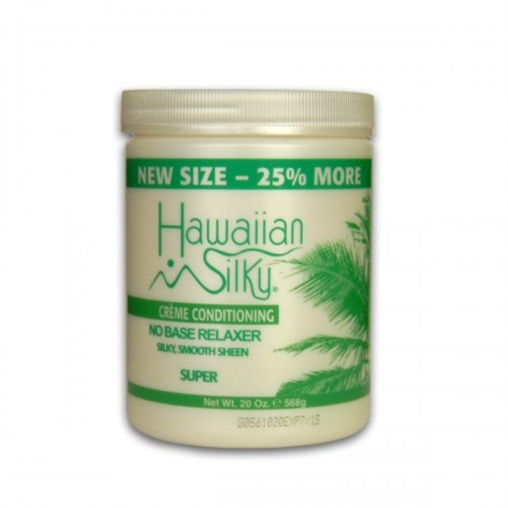 Hawaiian Silky jar front view showing beige relaxer and 20 oz packaging benefit of value