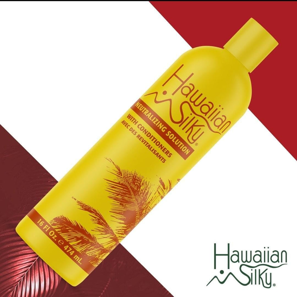 Hawaiian Silky bottle next to hand showing 16 oz scale and travel-friendly benefit