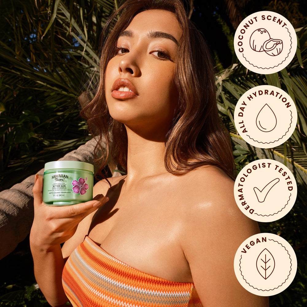 Hawaiian Tropic jar on beach towel showing post-sun comfort benefit