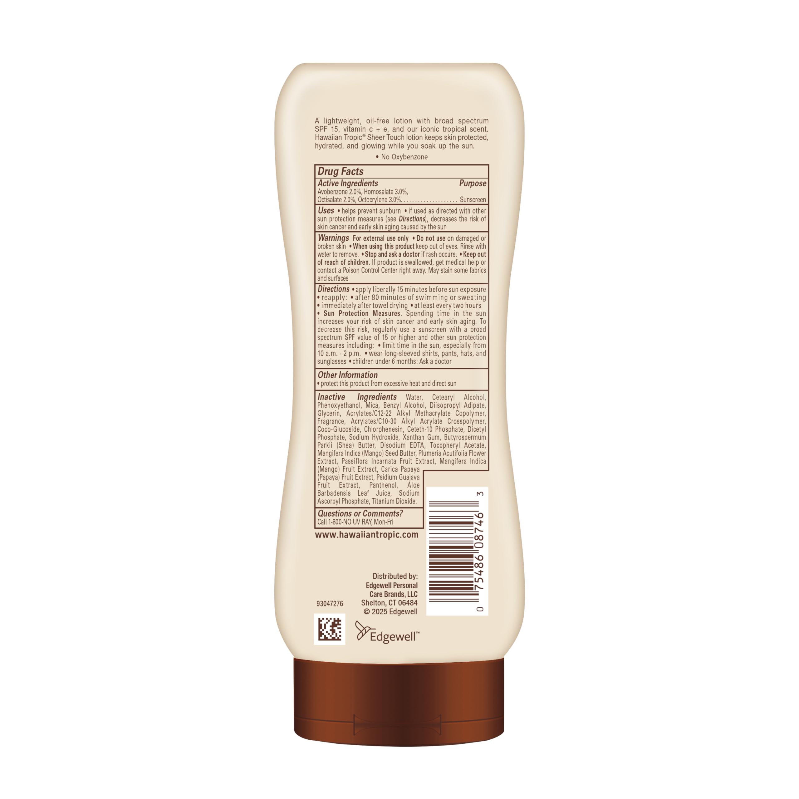 Hawaiian Tropic bottle on beach towel showing water-resistant outdoor use benefit