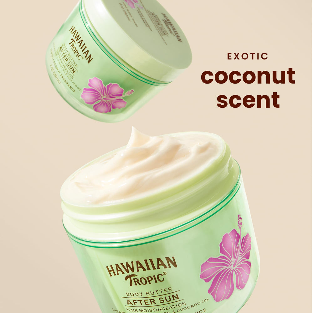 Hawaiian Tropic applying body butter to arm to soothe sun-exposed skin