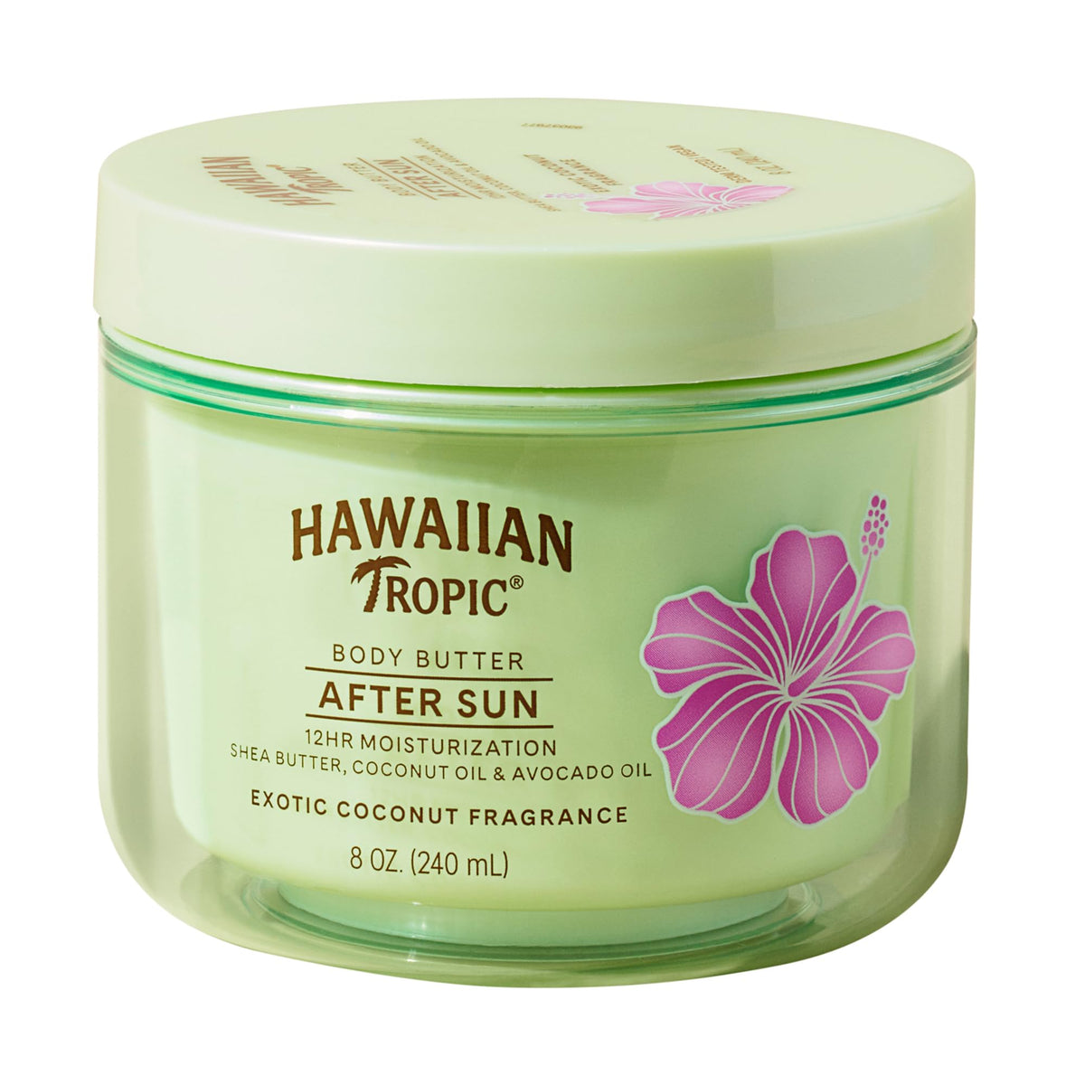Hawaiian Tropic front jar showing product and coconut scent benefit