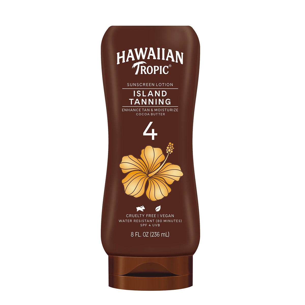 Hawaiian Tropic front label showing 8 oz bottle and SPF 4 for quick recognition