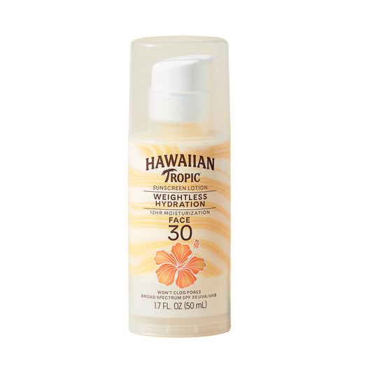 Hawaiian Tropic front bottle showing SPF 30 and travel size benefit
