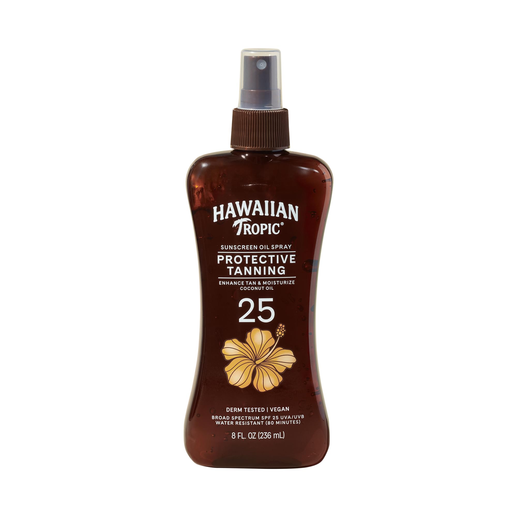 Hawaiian Tropic front packaging showing SPF 25 protective tanning oil benefit