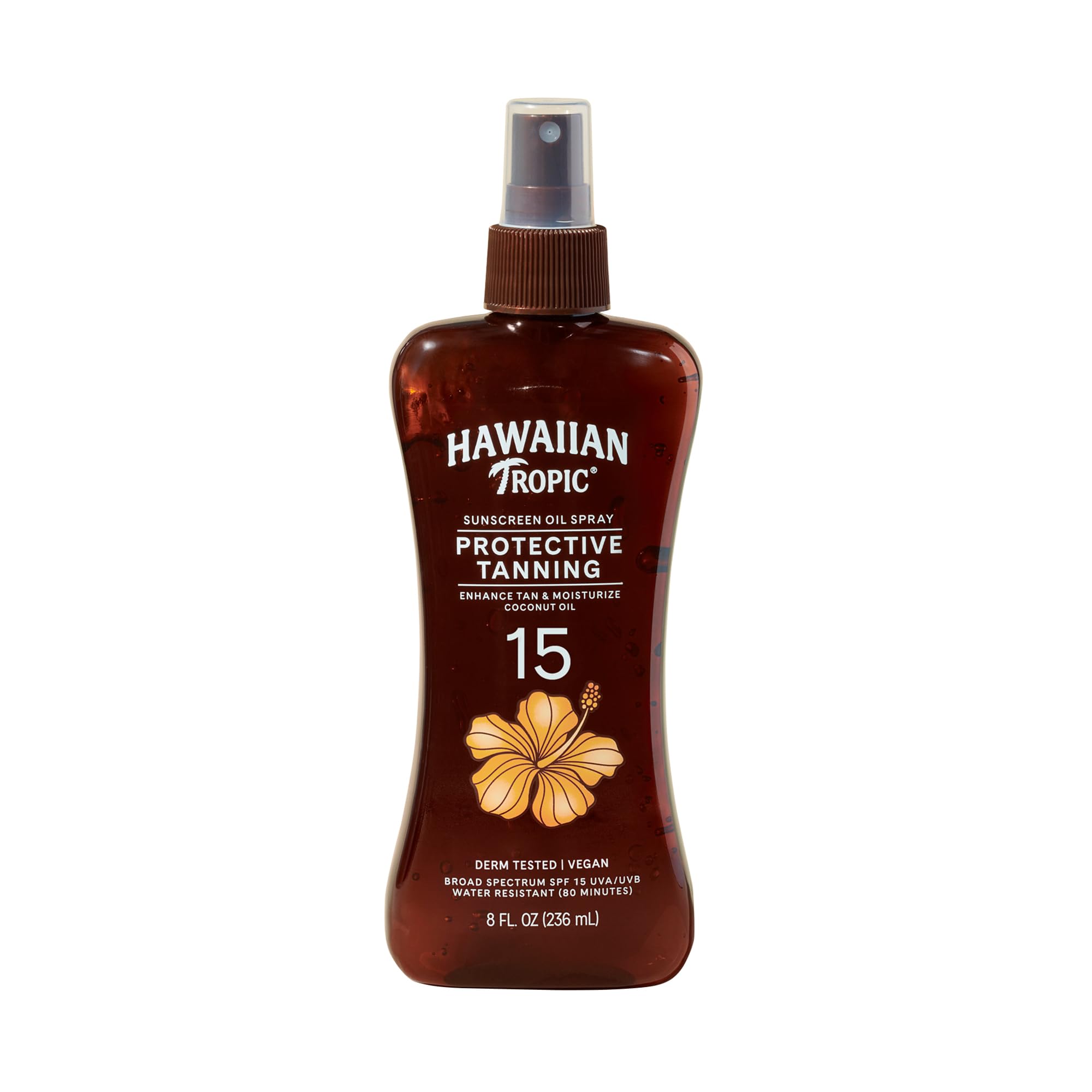 Hawaiian Tropic front packaging SPF 15 showing product and benefit of protection