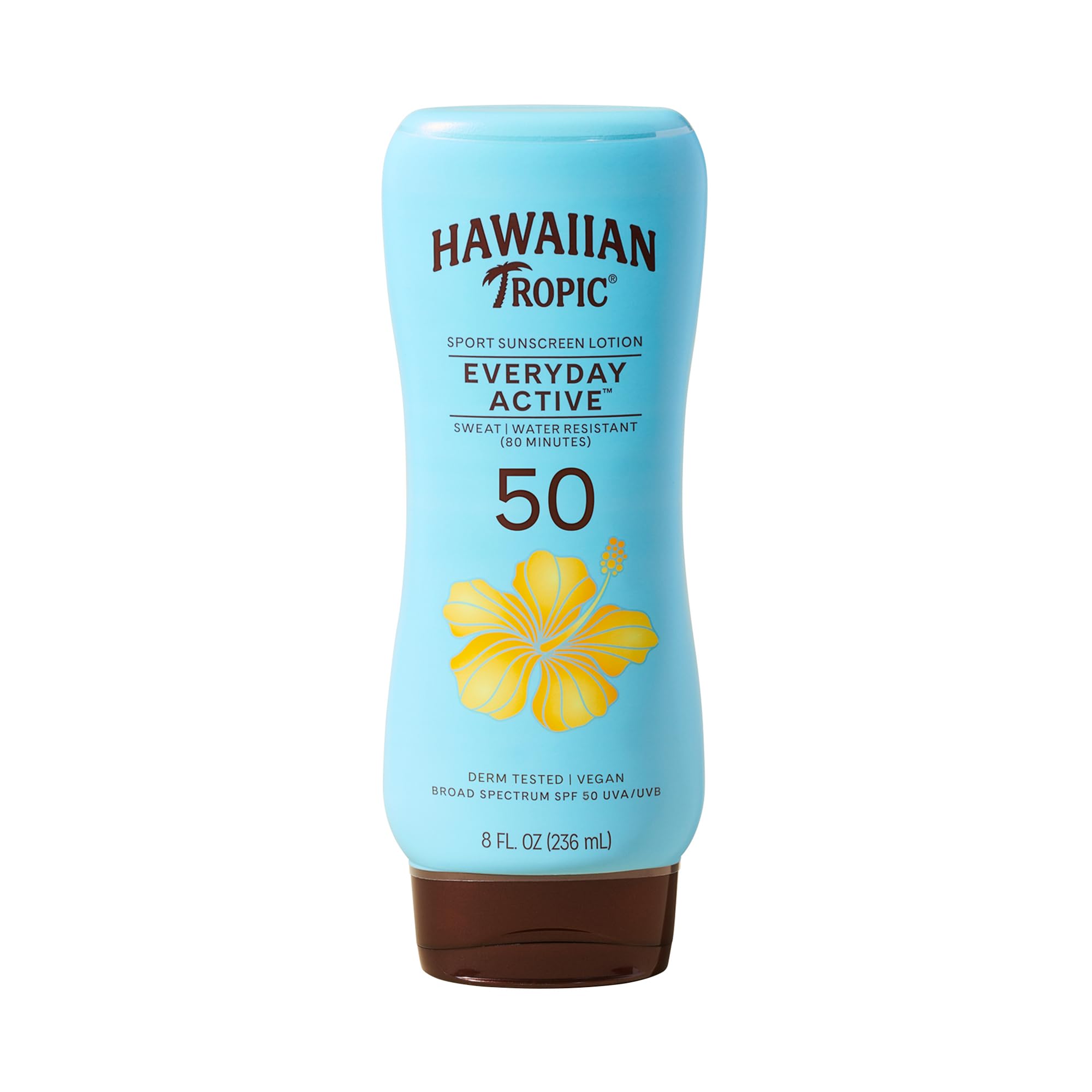 Hawaiian Tropic front packaging showing SPF 50 protection and active sport benefit