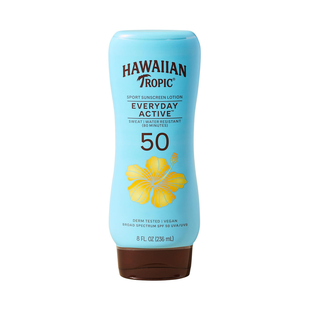 Hawaiian Tropic front packaging showing SPF 50 protection and active sport benefit