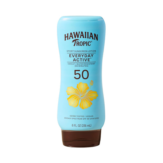 Hawaiian Tropic front packaging showing SPF 50 protection and active sport benefit