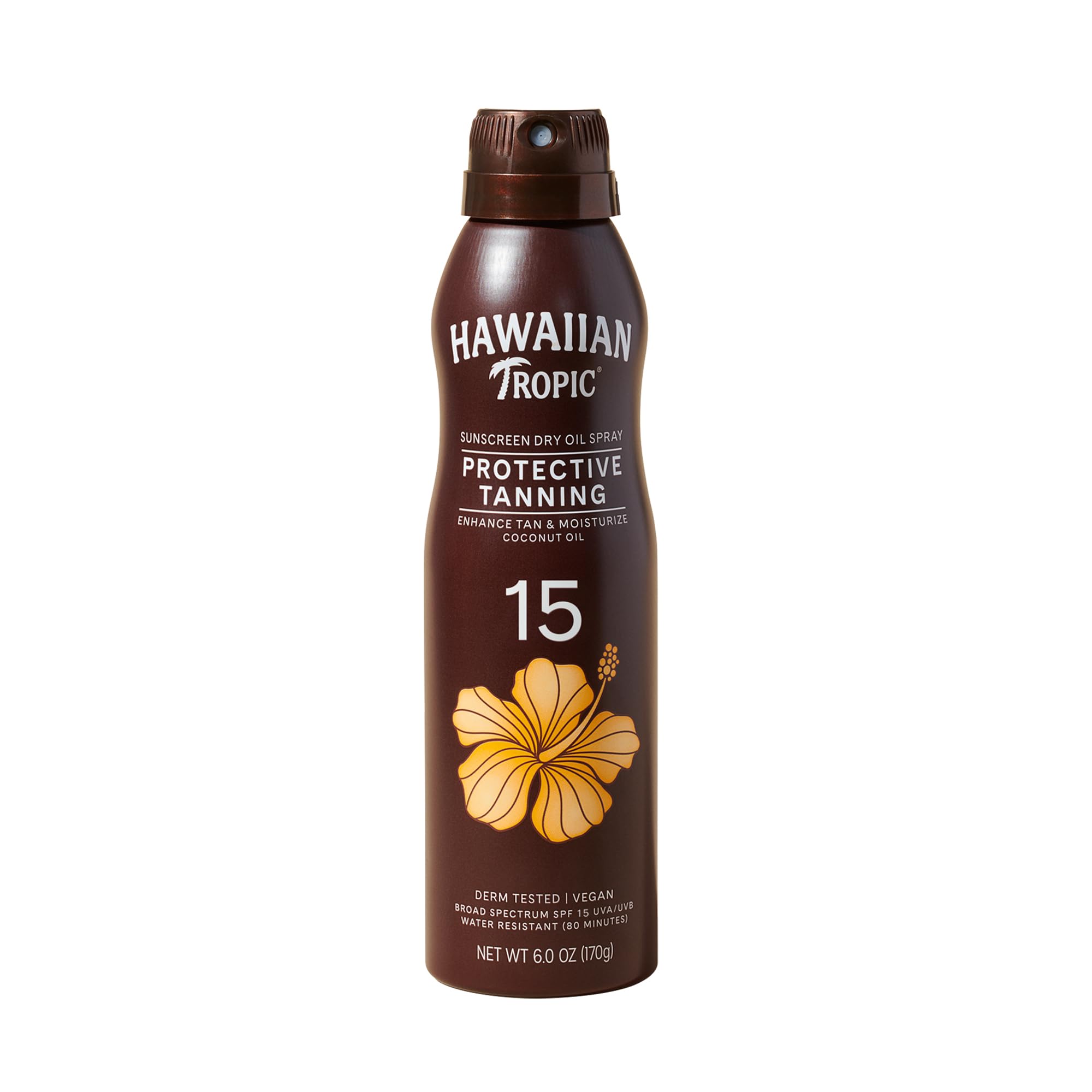 Hawaiian Tropic front packaging showing SPF 15 and tropical design for easy identification