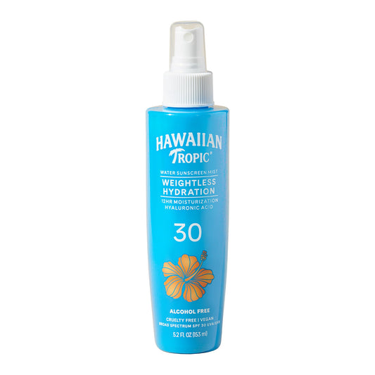 Hawaiian Tropic front packaging showing water mist and SPF 30 protection