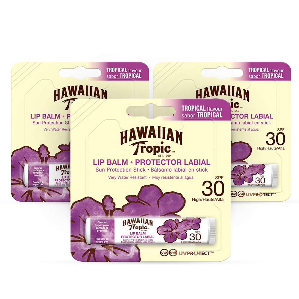 Hawaiian Tropic front packaging showing three SPF 30 lip balms for quick protection