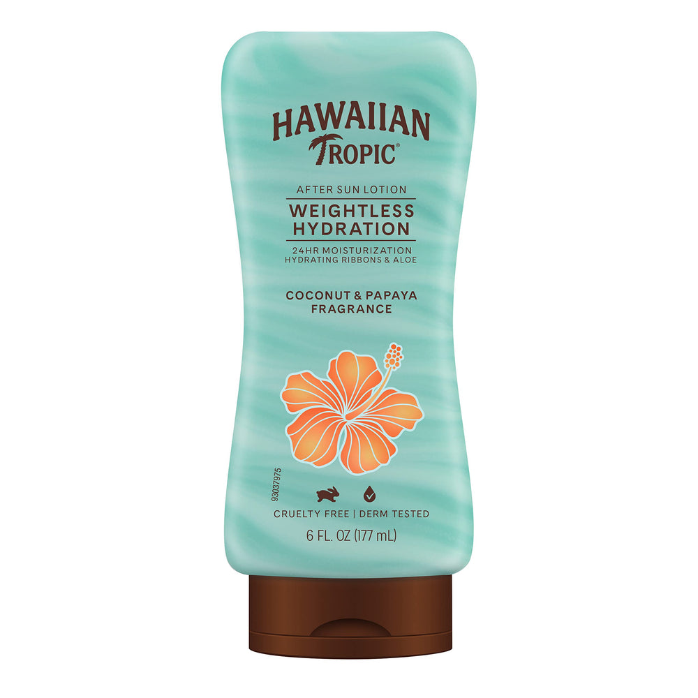 Hawaiian Tropic front packaging showing 6 oz bottle and tropical branding, handy for travel